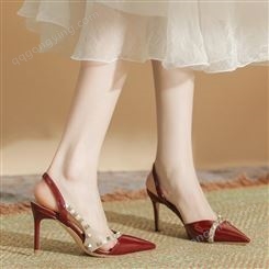 H9339-1羊皮垫铆钉细跟凉鞋女酒红色尖头高跟凉鞋女heels半包头鞋